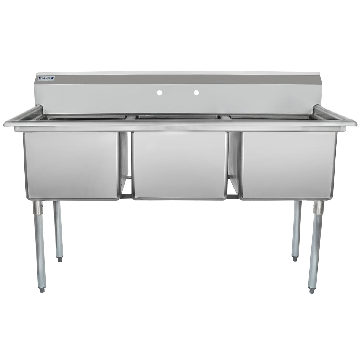 A large NSF 3 compartment sink with deep rectangular basins and tall metal legs. This industrial stainless steel sink features a raised backsplash with two circular holes for faucets, ideal for commercial kitchens or food service settings.