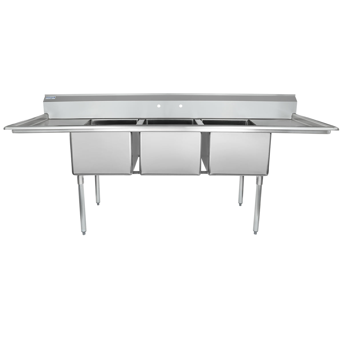 A commercial kitchen sink with three deep rectangular basins, a backsplash, and flat drainboards on both sides. This stainless steel 3 compartment sink stands on four sturdy metal legs, boasting a clean and durable industrial design.