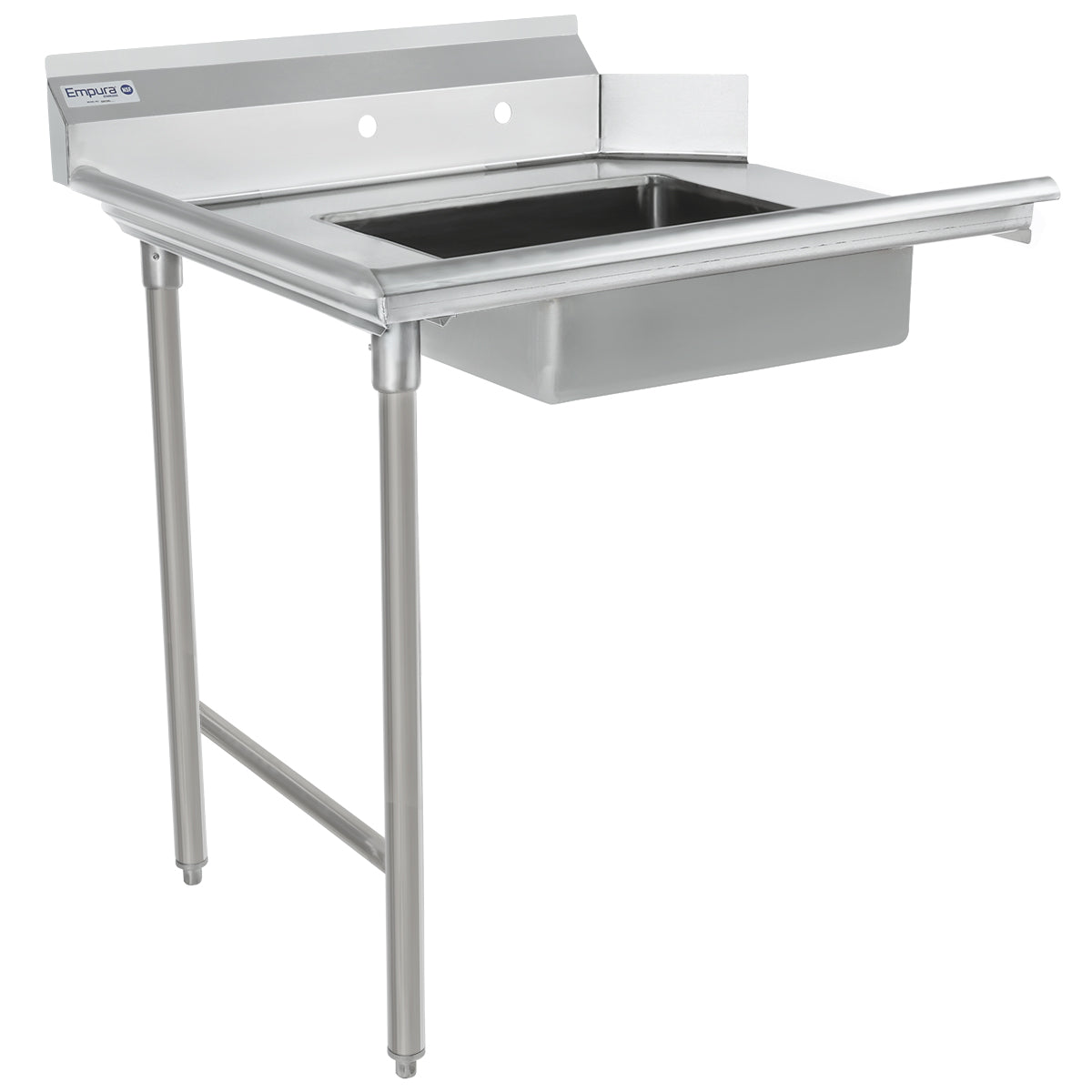 A stainless steel commercial utility sink with a deep rectangular basin, tall backsplash, and two sturdy front legs. The rear edge mounts securely, creating a durable industrial look that pairs perfectly with any stainless steel worktop or soiled dishtable setup.