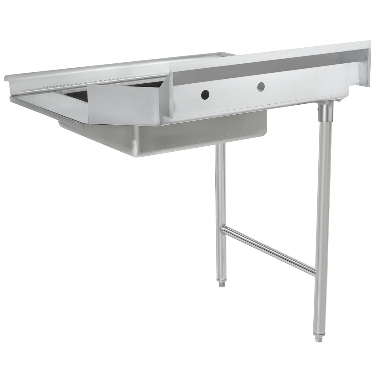 A stainless steel commercial sink with a deep rectangular basin and two sturdy metal legs features a raised back edge and smooth, reflective surface. Its open underside pairs well with a soiled dishtable in industrial kitchens or food service settings.