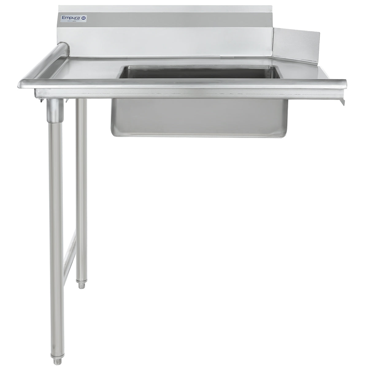 A commercial stainless steel sink with a shiny, industrial-grade surface and a sturdy stainless steel worktop. It features a rectangular basin, rear backsplash, raised right side splash, and an open space below where the left side lacks a support leg.