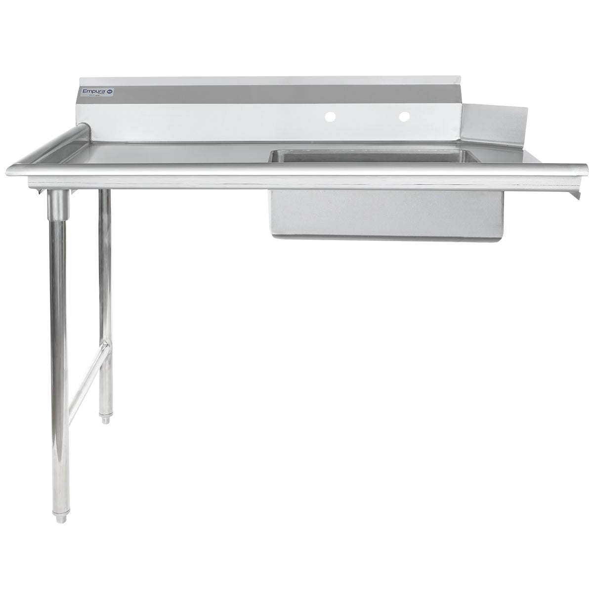 A stainless steel soiled dishtable with NSF-certified backsplash features a single deep basin on the right and a stainless steel worktop on the left; the left side has two metal legs, while the right is wall-mounted. Two faucet holes sit above the basin.