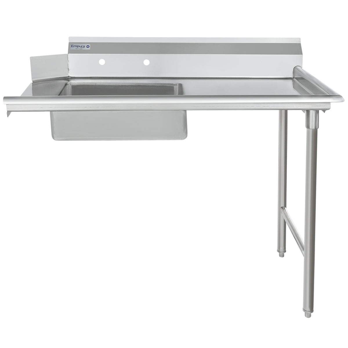 A stainless steel commercial sink with NSF certification features a backsplash, a single square basin on the left, and a spacious stainless steel worktop on the right. It includes two faucet holes, raised edges, and sturdy tubular legs for support on the right side.