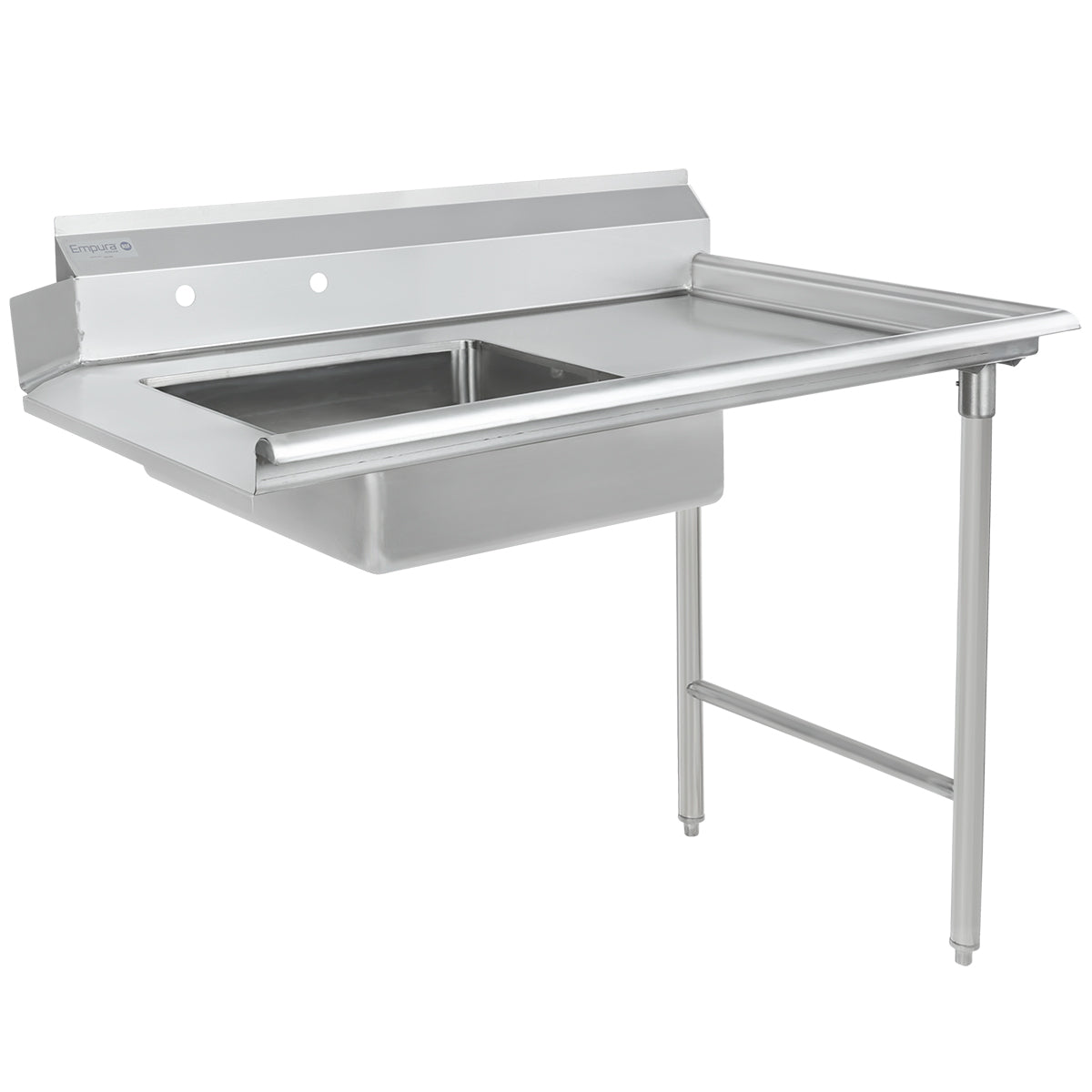 A commercial NSF stainless steel sink unit with a high backsplash, a single square basin on the left, and an adjacent flat draining surface on the right. Supported by sturdy tubular legs, it features a smooth, industrial stainless steel worktop finish.