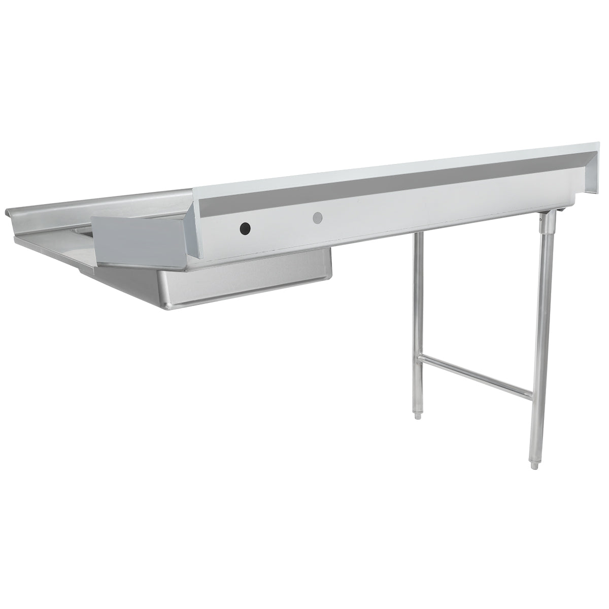 A stainless steel worktop commercial dish table with NSF certification features a flat surface, raised edges, backsplash, and two sturdy legs. One side attaches to another fixture, making it an ideal soiled dishtable workspace extension.