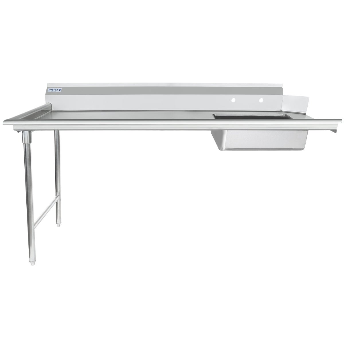 A stainless steel soiled dishtable with a commercial worktop, an attached backsplash, a right-side pre-rinse bowl, and two sturdy legs on the left. The angled lip aids dish scraping, while the lower front edge ensures efficient water drainage.