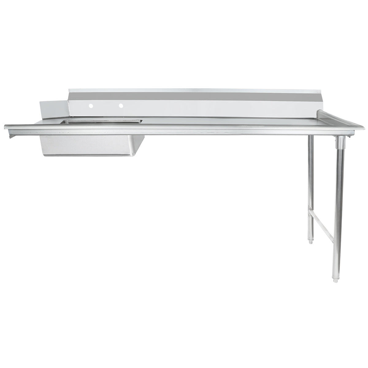 A 72 inch stainless steel worktop commercial kitchen table with an integrated sink on the left, backsplash along the back edge, and two sturdy metal legs on the right; this soiled dishtable features a smooth, industrial-style surface.