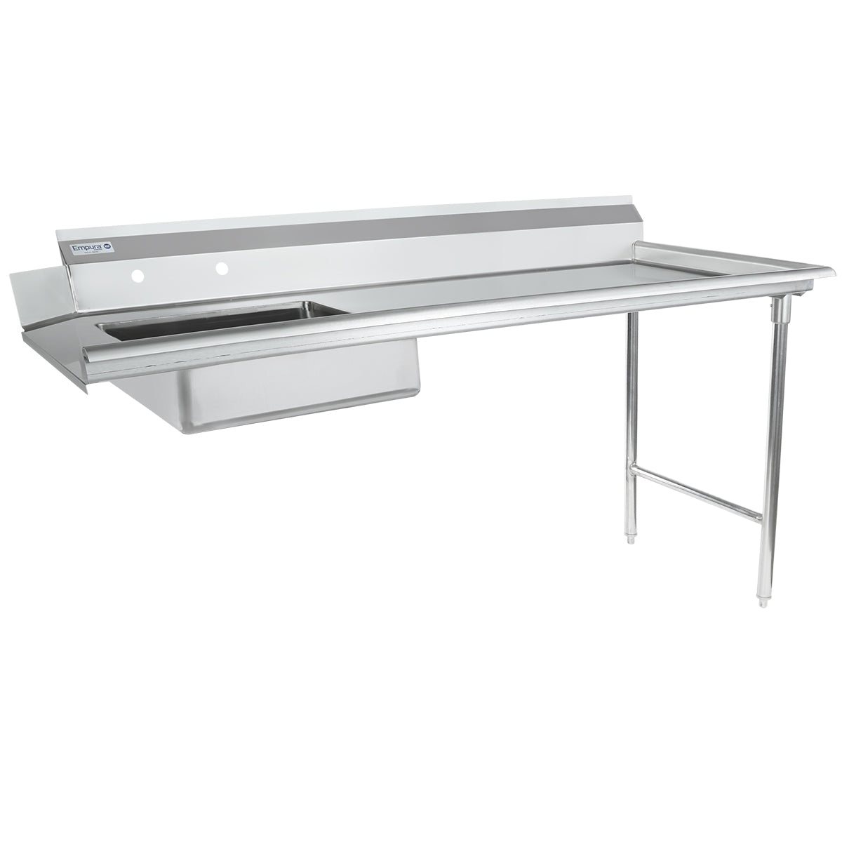 A 72 inch stainless steel worktop commercial kitchen table with a built-in sink on the left, raised backsplash at the rear, and sturdy metal legs on the right. The clean, reflective surface makes it ideal as a soiled dishtable.