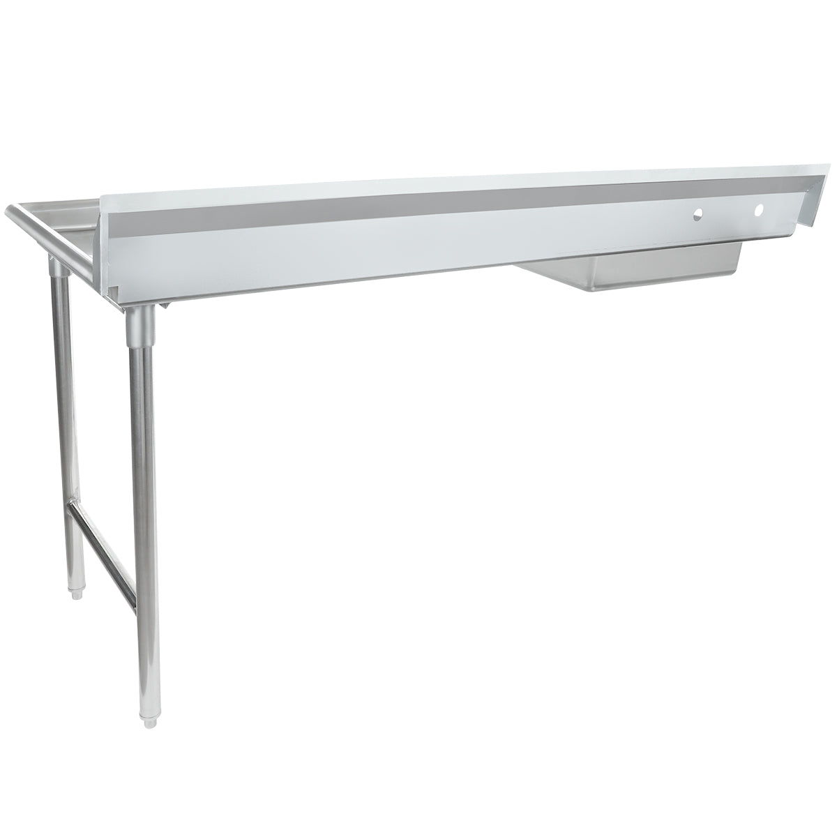 A 72 inch stainless steel worktop commercial countertop with an integrated shallow sink on the right side. It features sturdy tubular legs, a rear backsplash, and a flat, clean surface—ideal as a soiled dishtable for kitchen or industrial use.