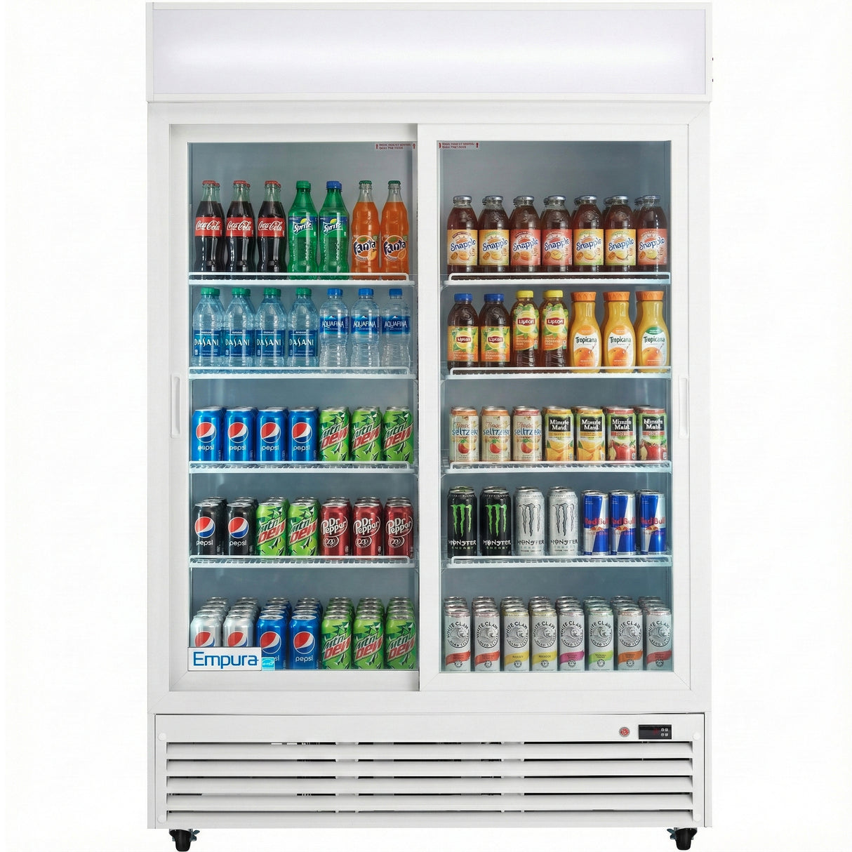 An Empura Refrigeration ESM-42W glass door merchandiser displays assorted drinks—sodas like Sprite, Coca-Cola, and Fanta on the left, with juices, iced teas, energy drinks, and bottled water neatly arranged on the right.