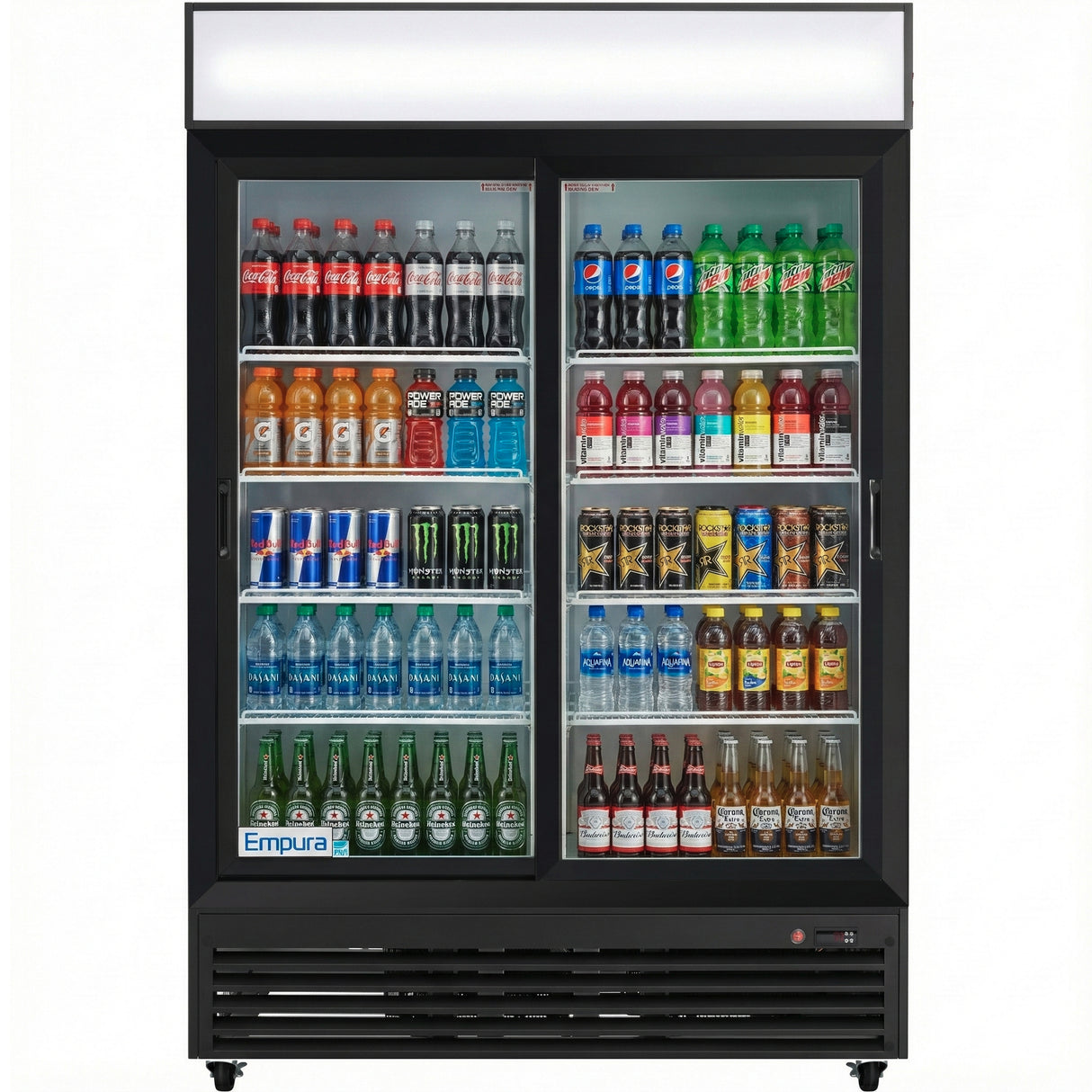 A merchandiser refrigerator displays assorted bottled and canned drinks, including Coca-Cola, Pepsi, Red Bull, juices, sparkling water, and iced teas—all neatly arranged on metal shelves for optimal refrigerated storage.