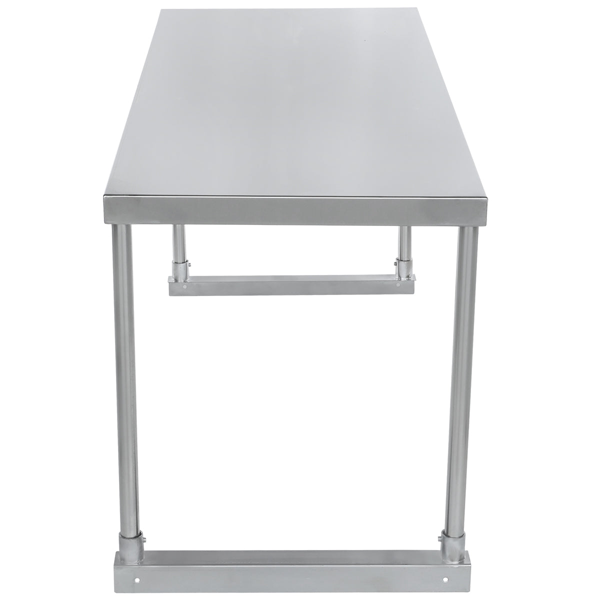 A front view of a stainless steel table with a flat, smooth top and four cylindrical legs. The sturdy, industrial design features metal support bars at the base, while the polished surface reflects light for a clean look—ideal for adding an overshelf.
