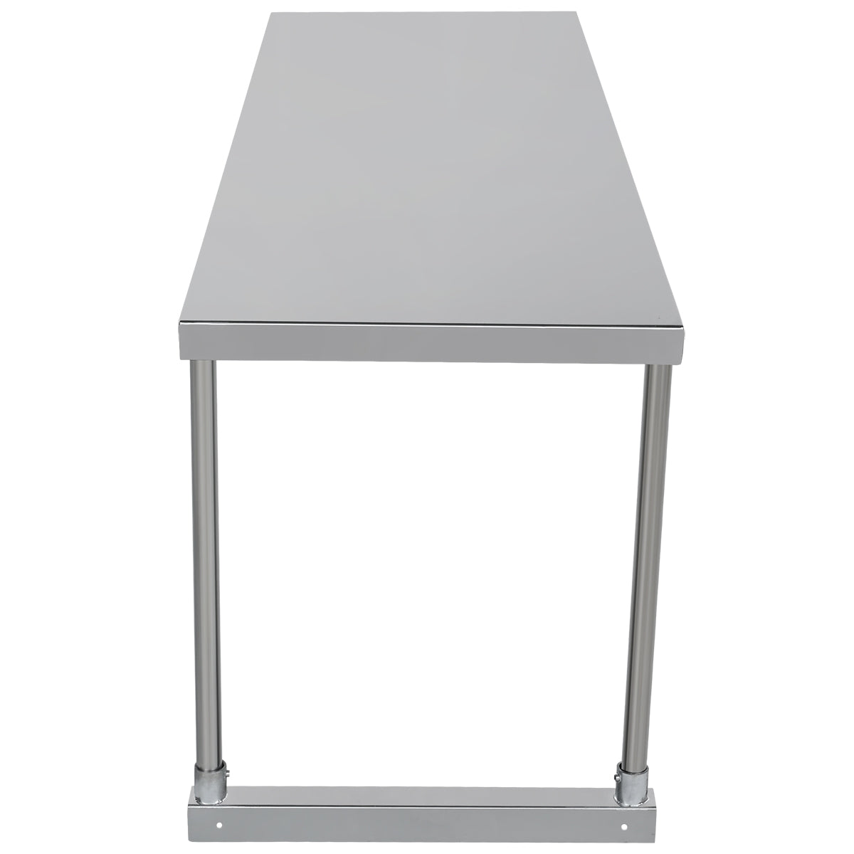 A straight-on view of a plain, rectangular stainless steel table with a smooth surface and four cylindrical legs, shown against a white background. The table has a minimalist design and appears sturdy and functional.