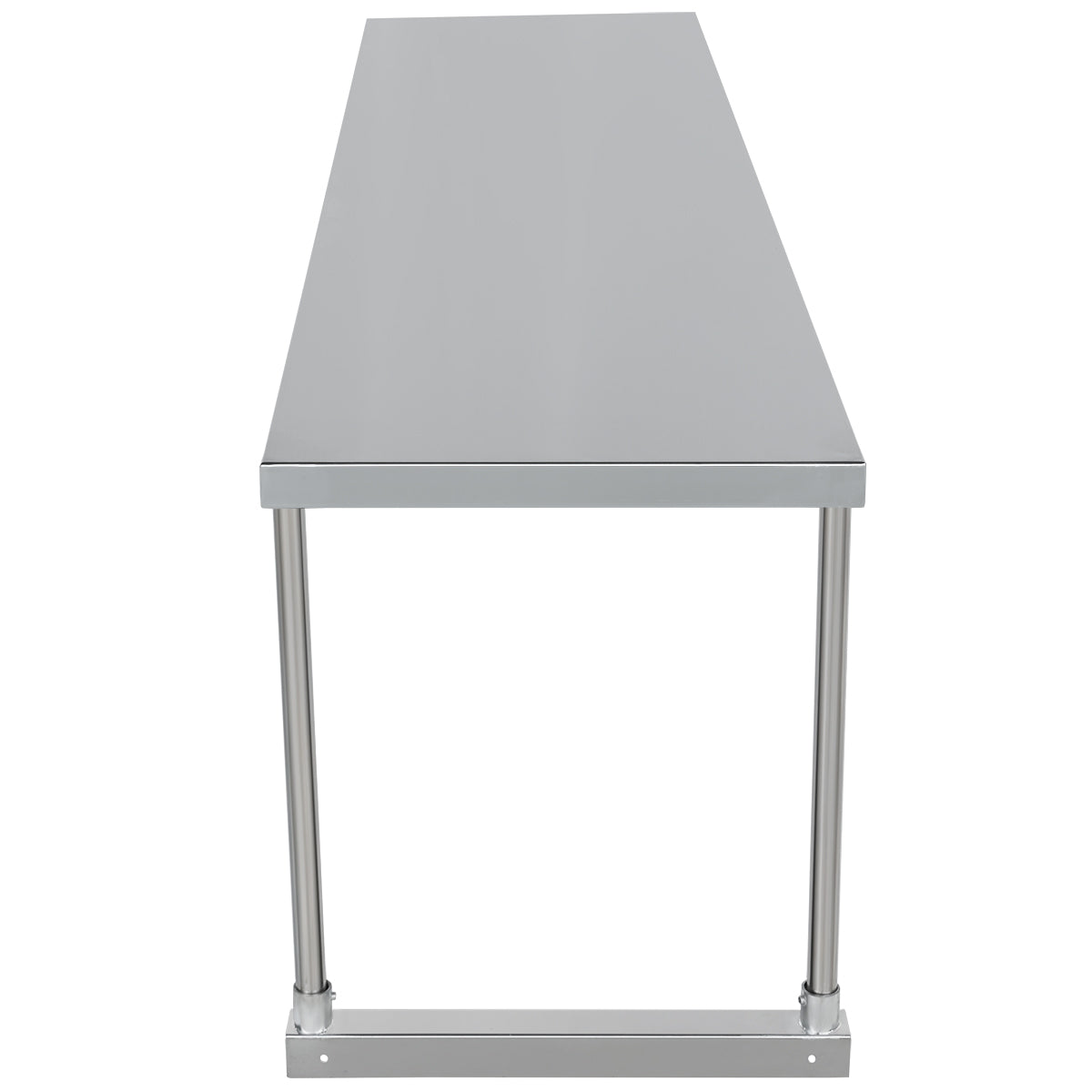 A long, rectangular stainless steel table with a smooth flat top and four cylindrical metal legs, seen from the short end. The minimalist industrial design could be enhanced with a table-mounted stainless steel overshelf.