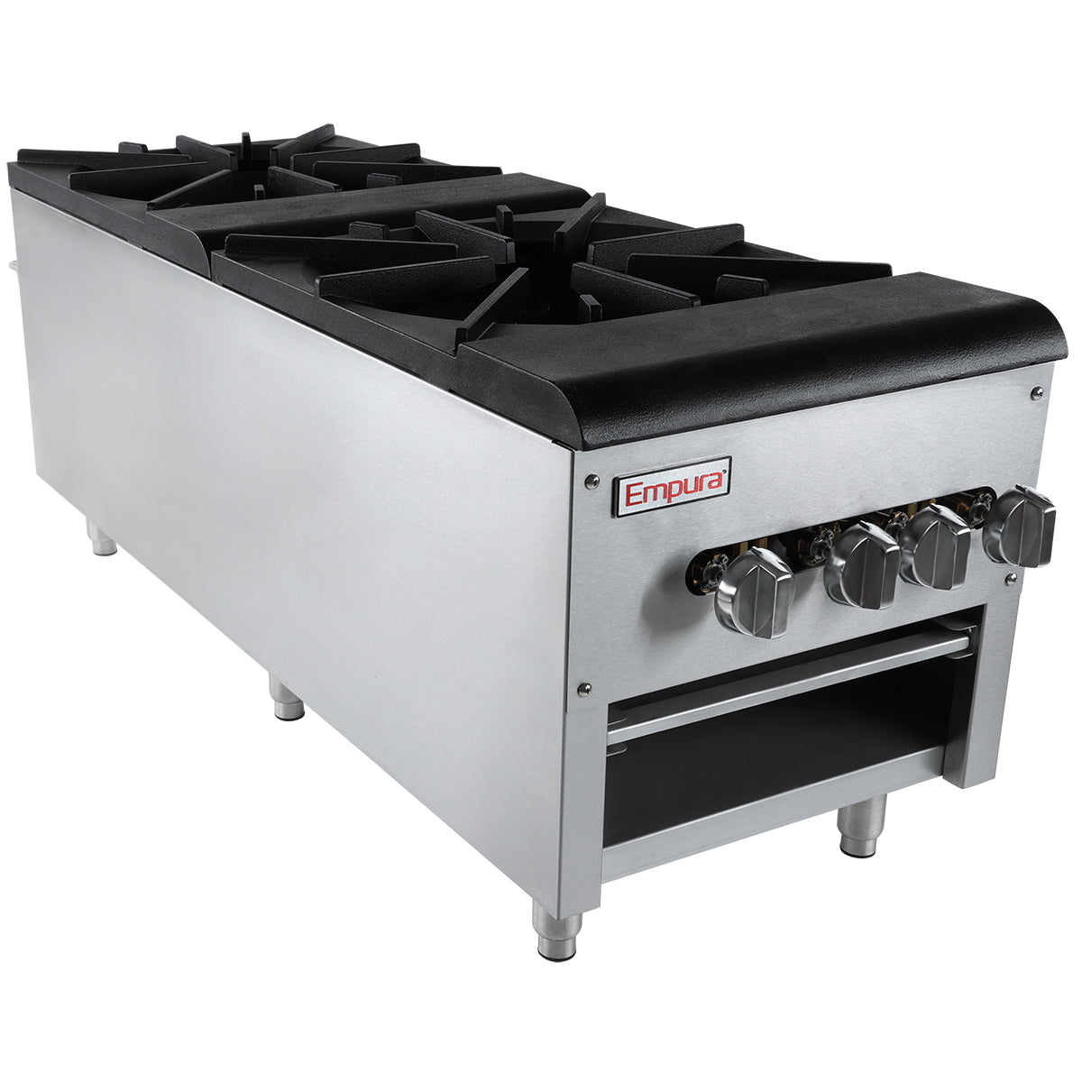 The Empura commercial gas stove features four black cast iron burners and metallic control knobs, ideal for use as a stock pot range. Made of stainless steel, it runs on natural gas and has an open storage shelf below with sturdy metal legs.