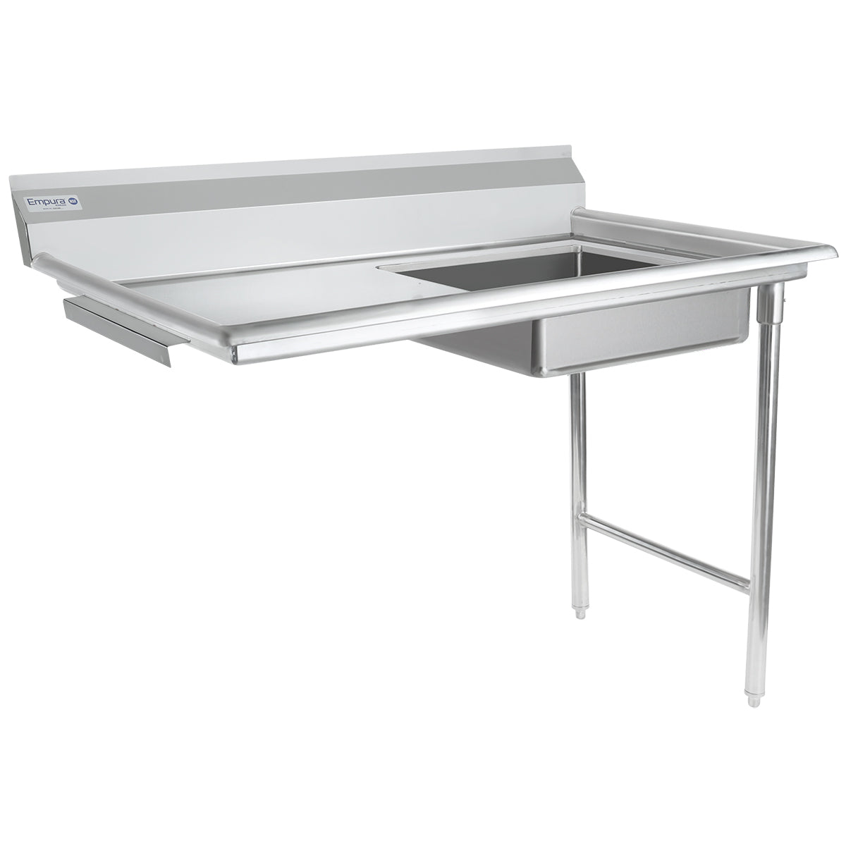 A stainless steel commercial sink with a rectangular basin, raised backsplash, and flat draining surface. Featuring a sturdy undercounter design, this soiled dishtable has two metal legs and a wall-mounted backsplash panel for added stability.