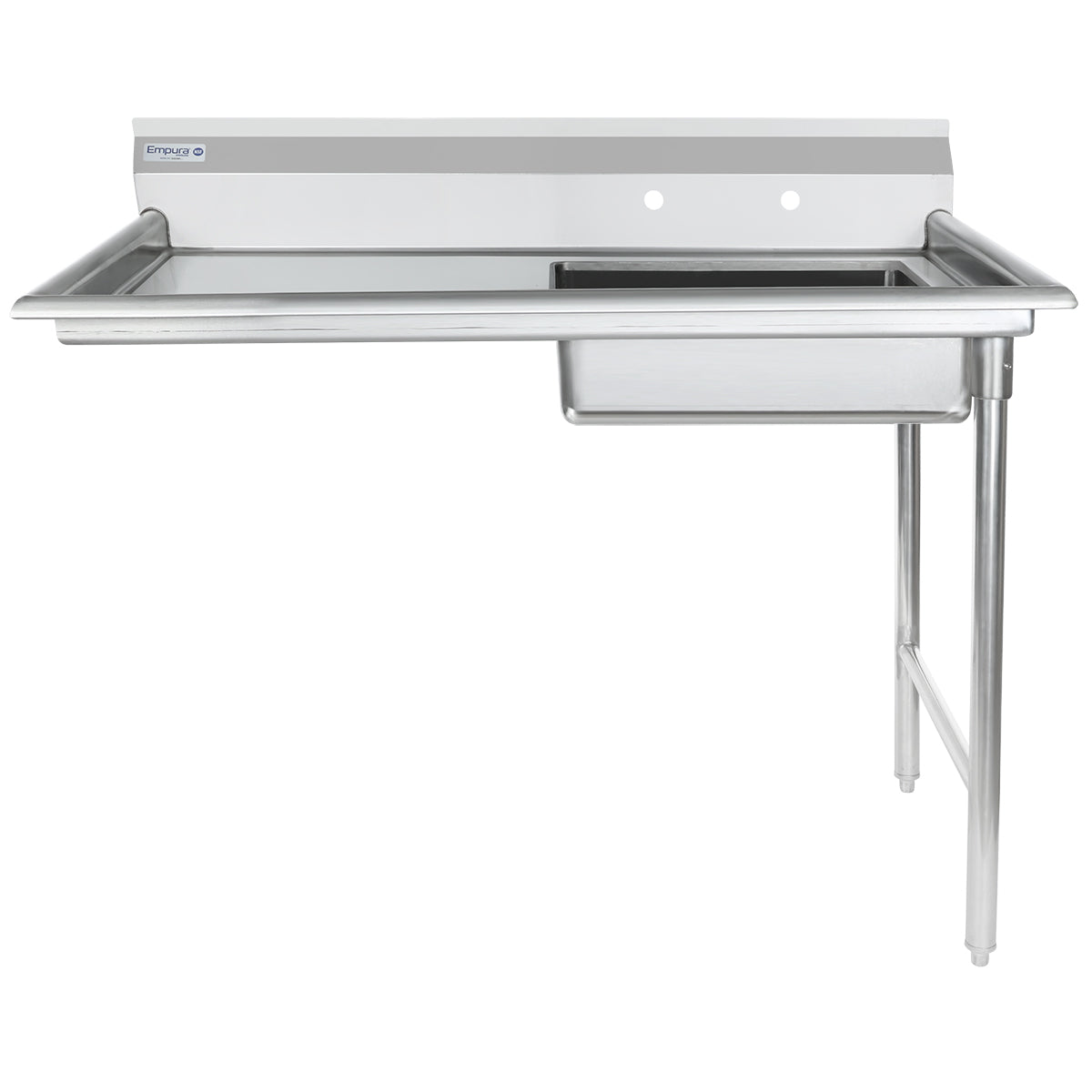 A stainless steel commercial sink with a rectangular basin on the right, a flat draining surface (ideal as a soiled dishtable) on the left, and two supporting legs. The raised back edge features pre-drilled holes for faucet installation.