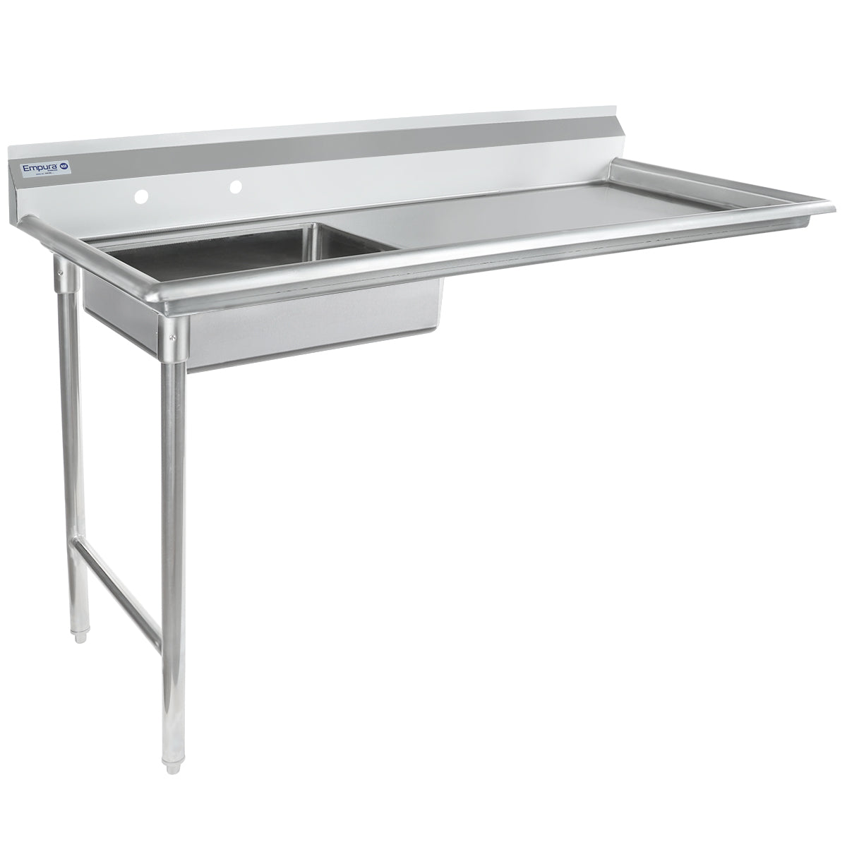 A commercial stainless steel sink with a left-side rectangular basin and an extended right-side drainboard, featuring a stainless steel worktop. It has two front support legs, a high backsplash with two pre-drilled holes—ideal for professional kitchens.