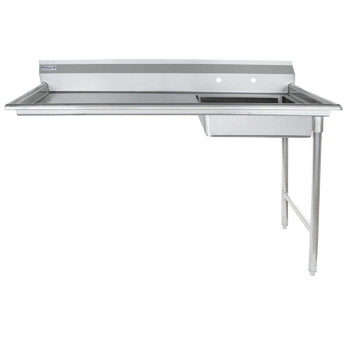 A stainless steel commercial sink with a right-side basin, left drainboard, and backsplash sits atop a durable Stainless Steel Worktop. The unit features two faucet holes, three metal legs, and open undercounter space for storage. Simple, functional industrial design.