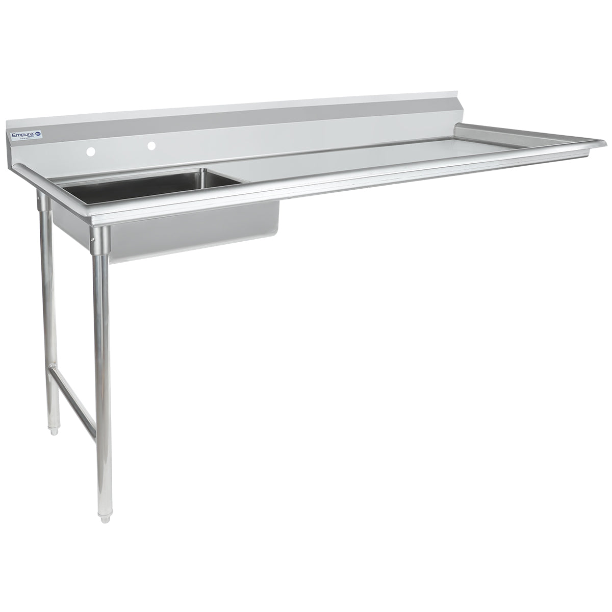 A stainless steel commercial sink with a long drainboard on the right and a sleek stainless steel worktop. The rectangular sink features a backsplash, sturdy metal legs on the left, and an undercounter solid panel on the right. The surface is clean and reflective.