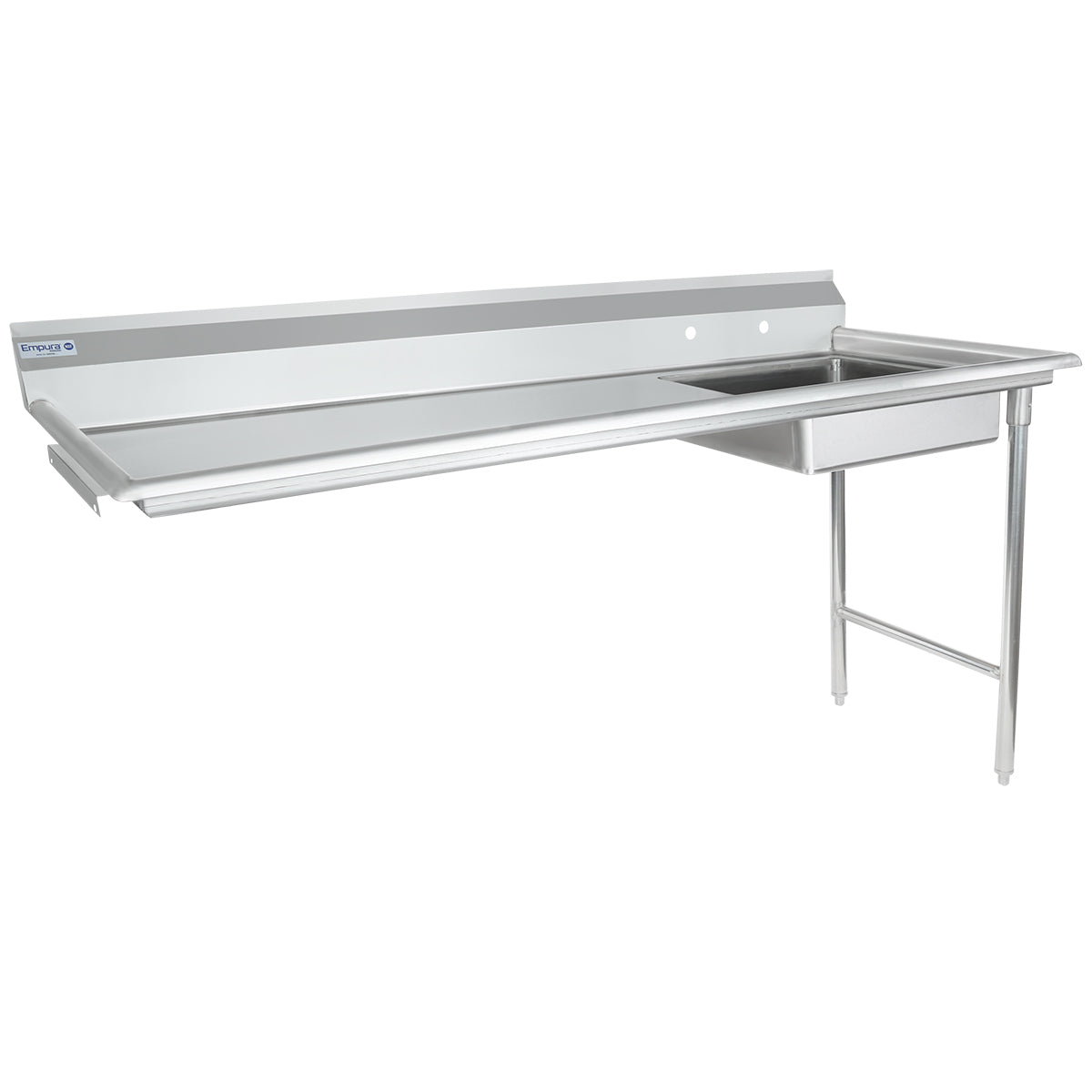 A stainless steel commercial sink unit with a backsplash, integrated sink basin on the right side, and an extended draining board on the left. This soiled dishtable has sturdy metal legs supporting the right side while the left attaches to the wall.