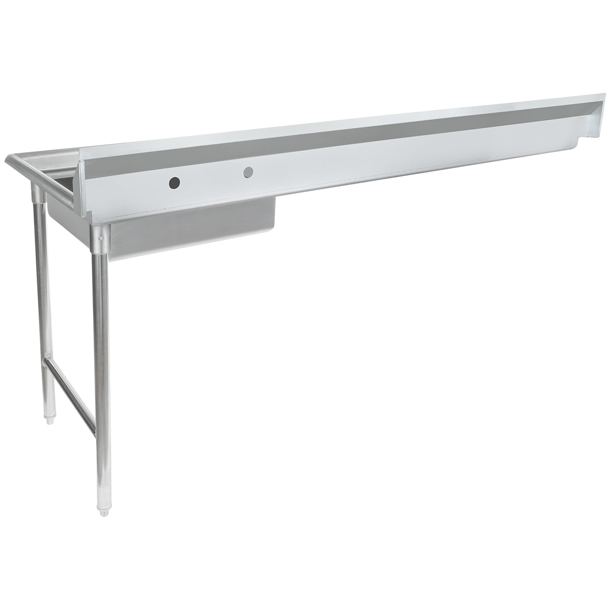 A long, stainless steel commercial sink with a single deep basin on the left, a drainboard area, and two sturdy legs; designed as a soiled dishtable for industrial or restaurant kitchens. The right side extends as a flat stainless steel worktop.
