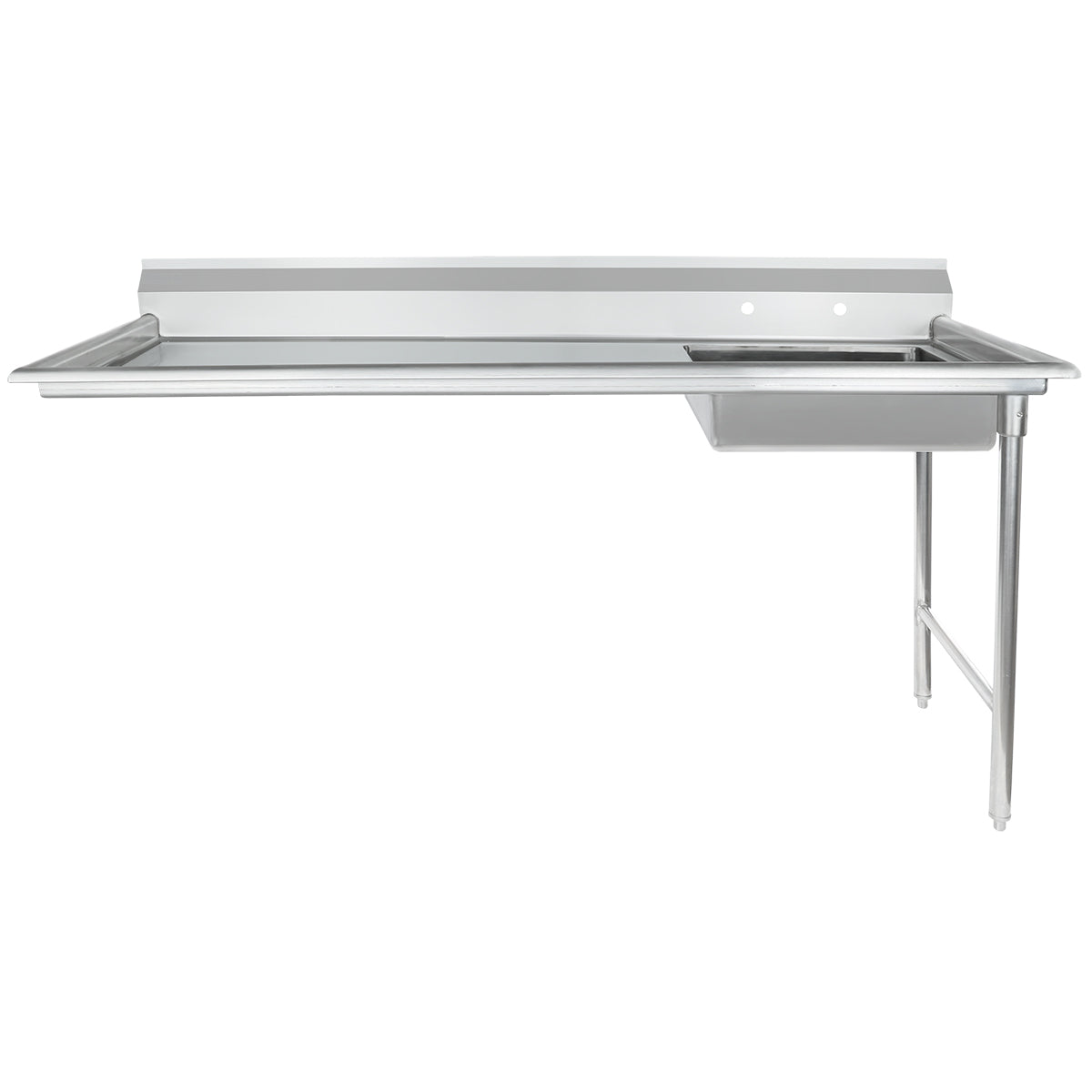 A stainless steel worktop commercial sink table with a backsplash, raised edges, and an undershelf. The rectangular work surface features a single basin sink on the right and two metal legs for support, resembling a soiled dishtable design.