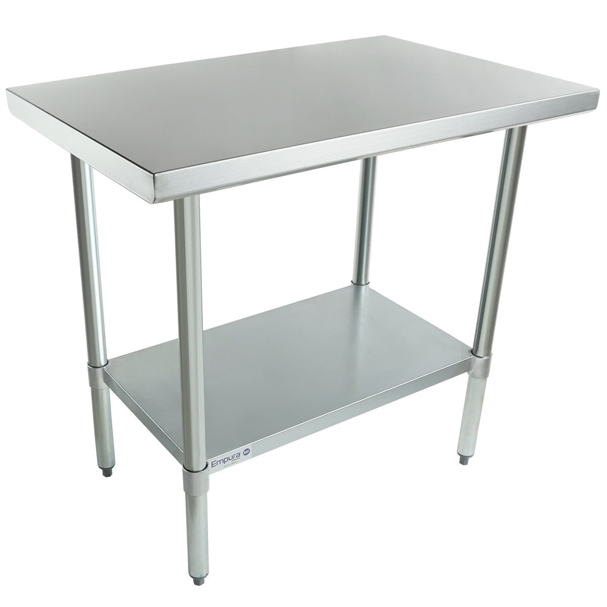 A stainless steel work table with NSF certification, featuring a flat top, four sturdy cylindrical legs, and a lower shelf for extra storage—ideal for commercial kitchens or laboratories with its industrial, utilitarian design.