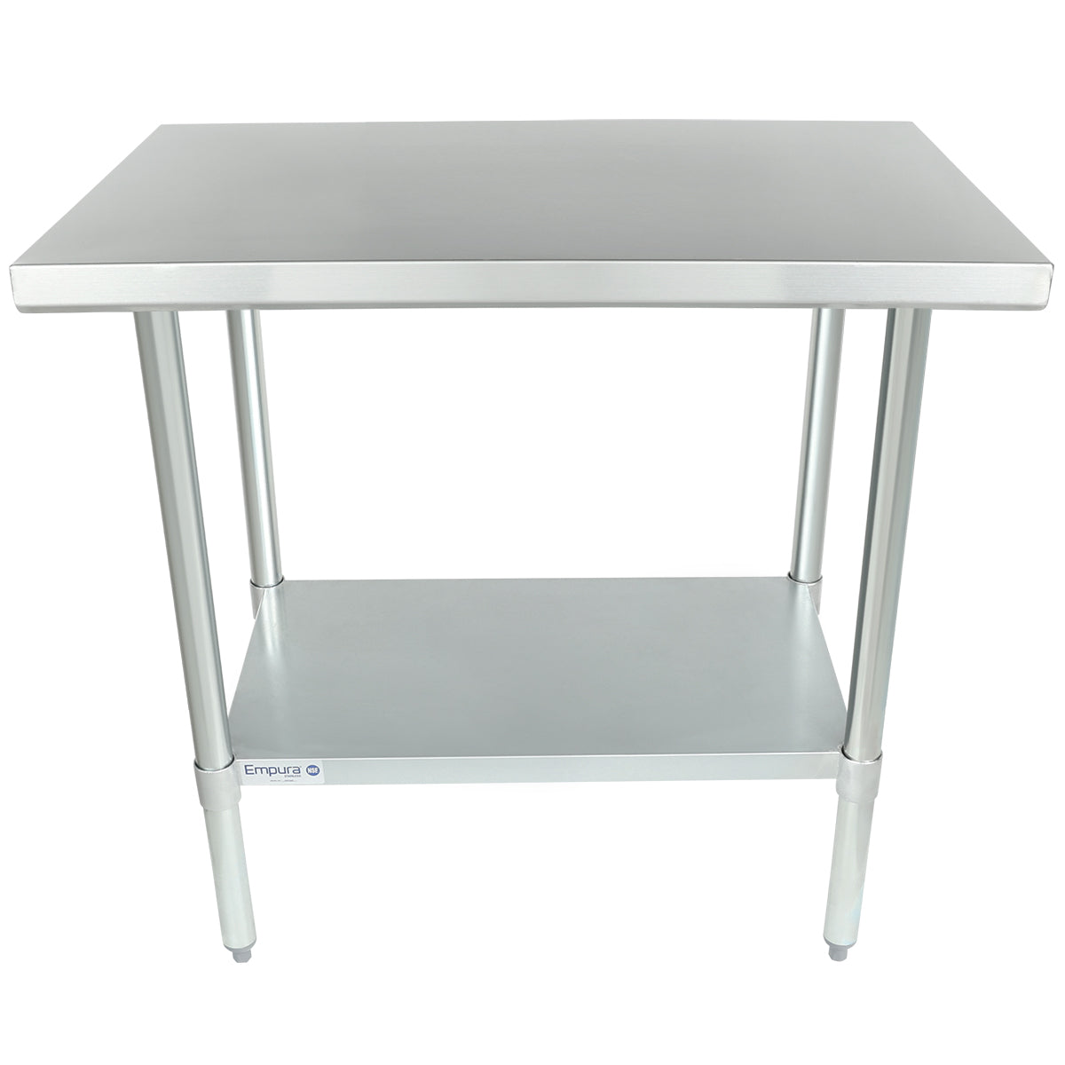 A stainless steel NSF work table with four cylindrical legs, a flat top surface, and a lower shelf for storage. Industrial in style, it features a simple design and a small Empura label on the front of the lower shelf.