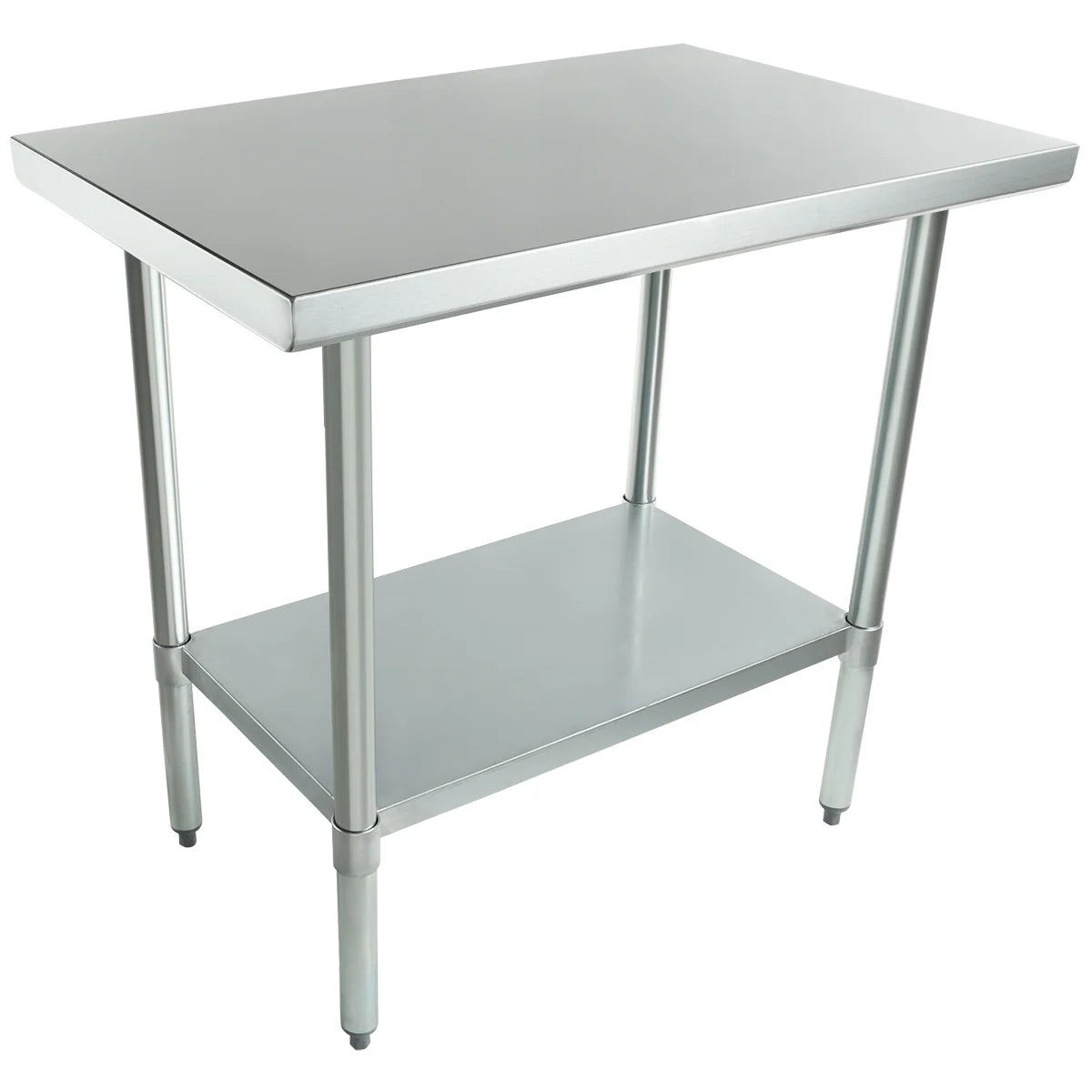 A stainless steel NSF work table with four legs, a smooth rectangular tabletop, and a lower shelf for extra storage. Its modern industrial look and adjustable feet ensure stability, making it ideal for kitchens or workshops.