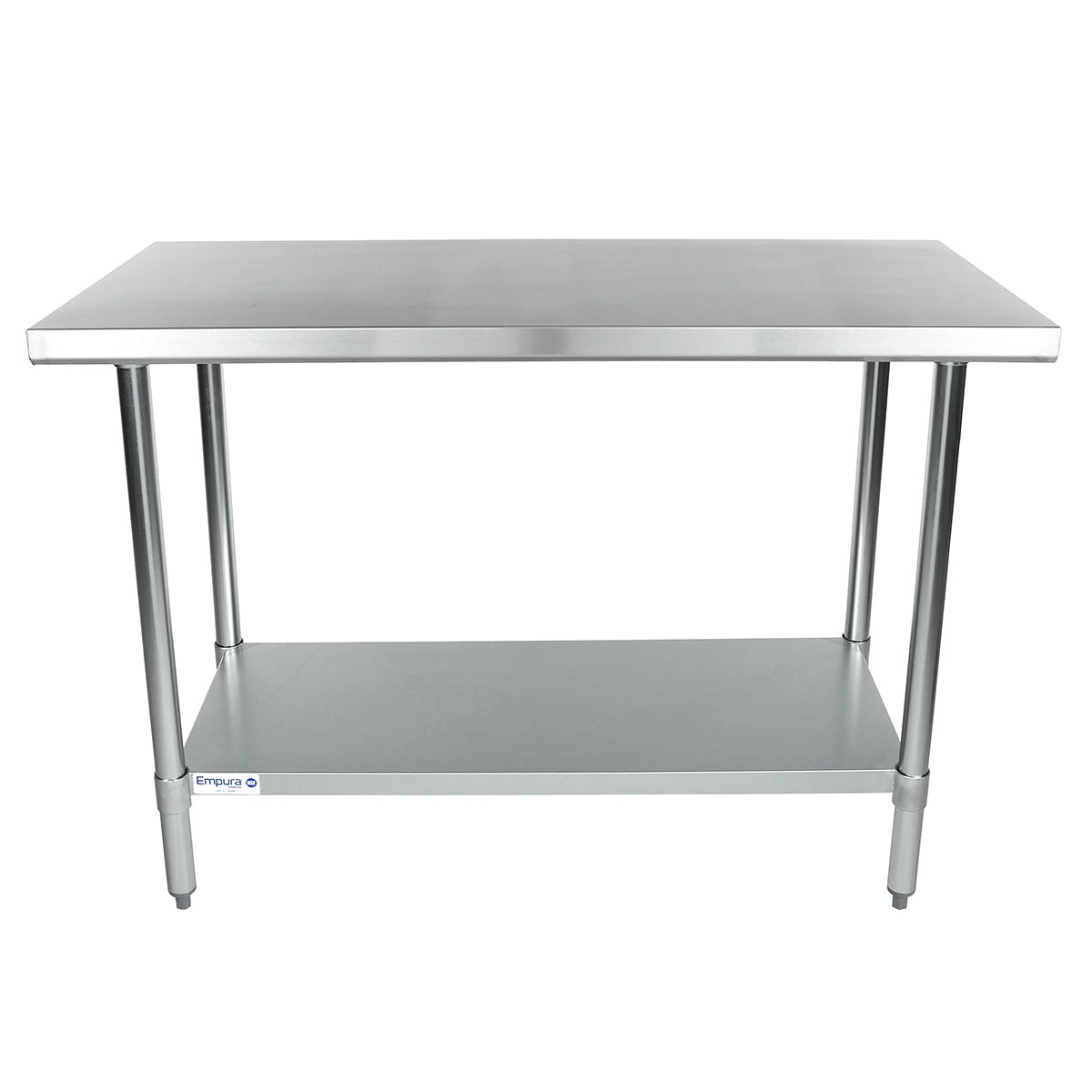 A 48x24 stainless steel work table with a smooth rectangular top, four cylindrical legs, and a lower flat shelf for storage. This modern, industrial table stands on adjustable feet, with a small label visible on the bottom shelf.