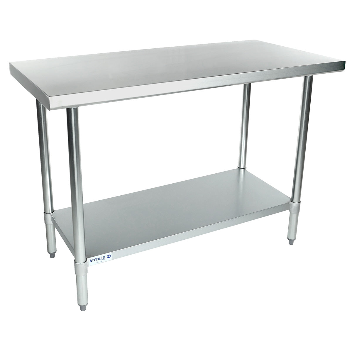 This 48x24 stainless steel work table features a smooth top, four sturdy legs, and a lower shelf for extra storage. Its industrial, modern look makes it ideal for kitchens or workshops.