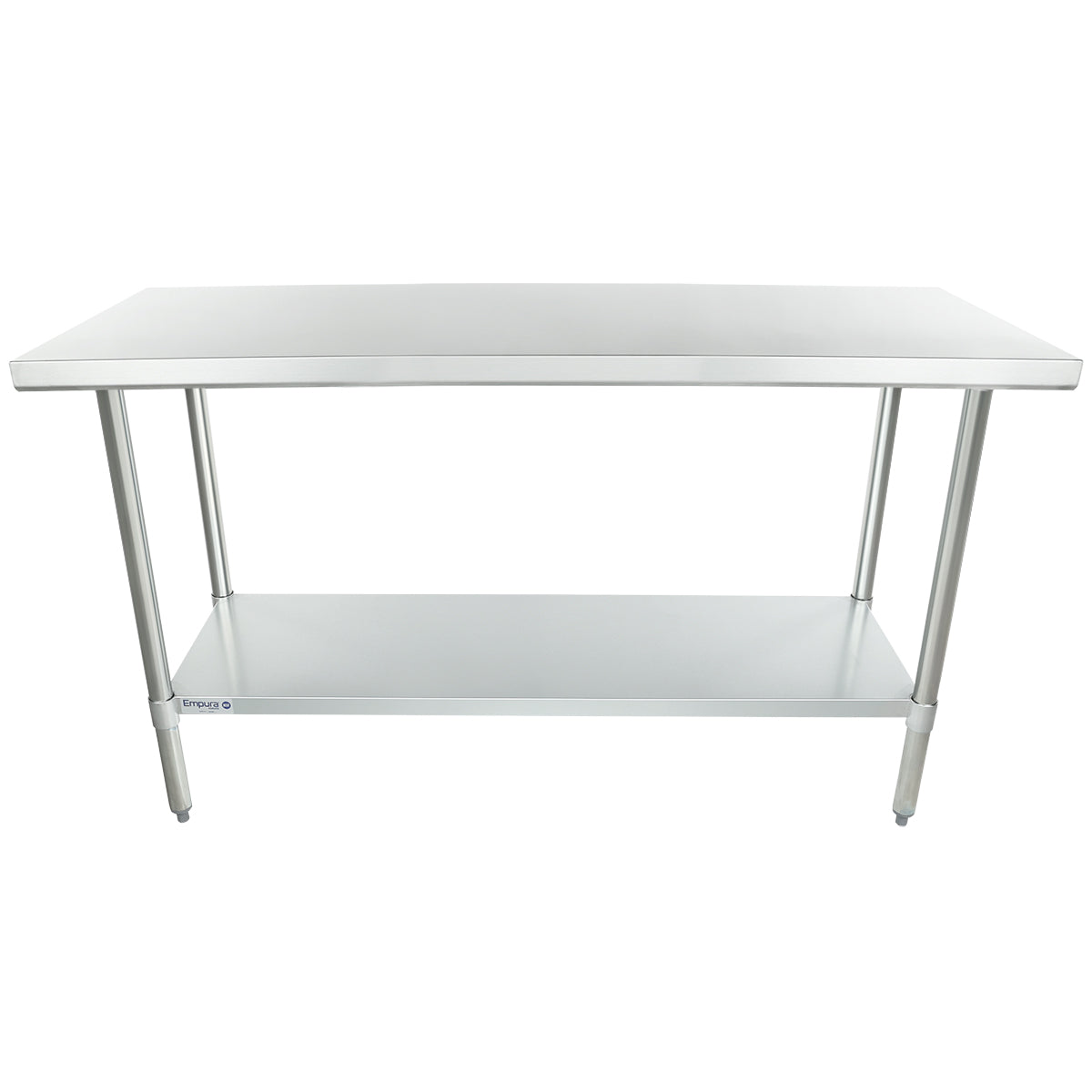 A stainless steel work table with four cylindrical legs and an undershelf. NSF certified, it features a smooth, flat top and a lower shelf for added storage. Its simple, utilitarian design is ideal for kitchens or industrial use.