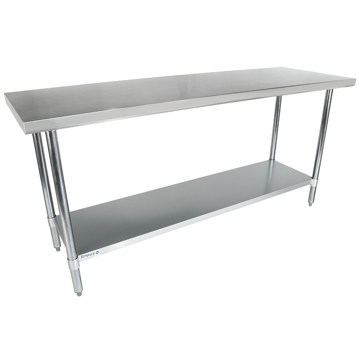 This NSF stainless steel work table features four cylindrical legs and an under-shelf for storage. Its flat, smooth surface and parallel under-shelf offer extra space, combining a simple, industrial design with practical functionality.