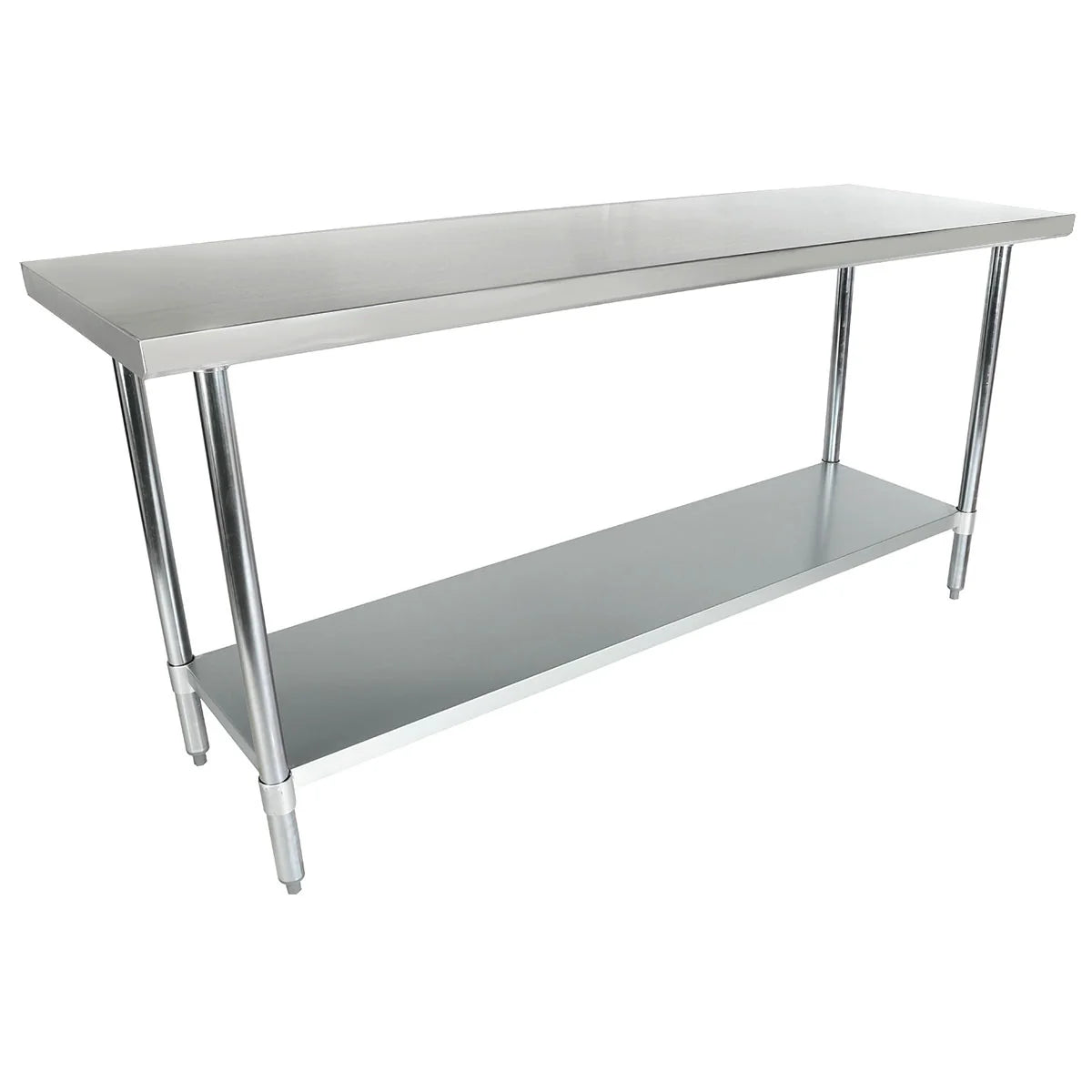A stainless steel NSF work table with a flat, rectangular top, four cylindrical legs, and an under-shelf for storage. Its simple, industrial design is ideal for kitchens or workshops and is displayed against a plain white background.