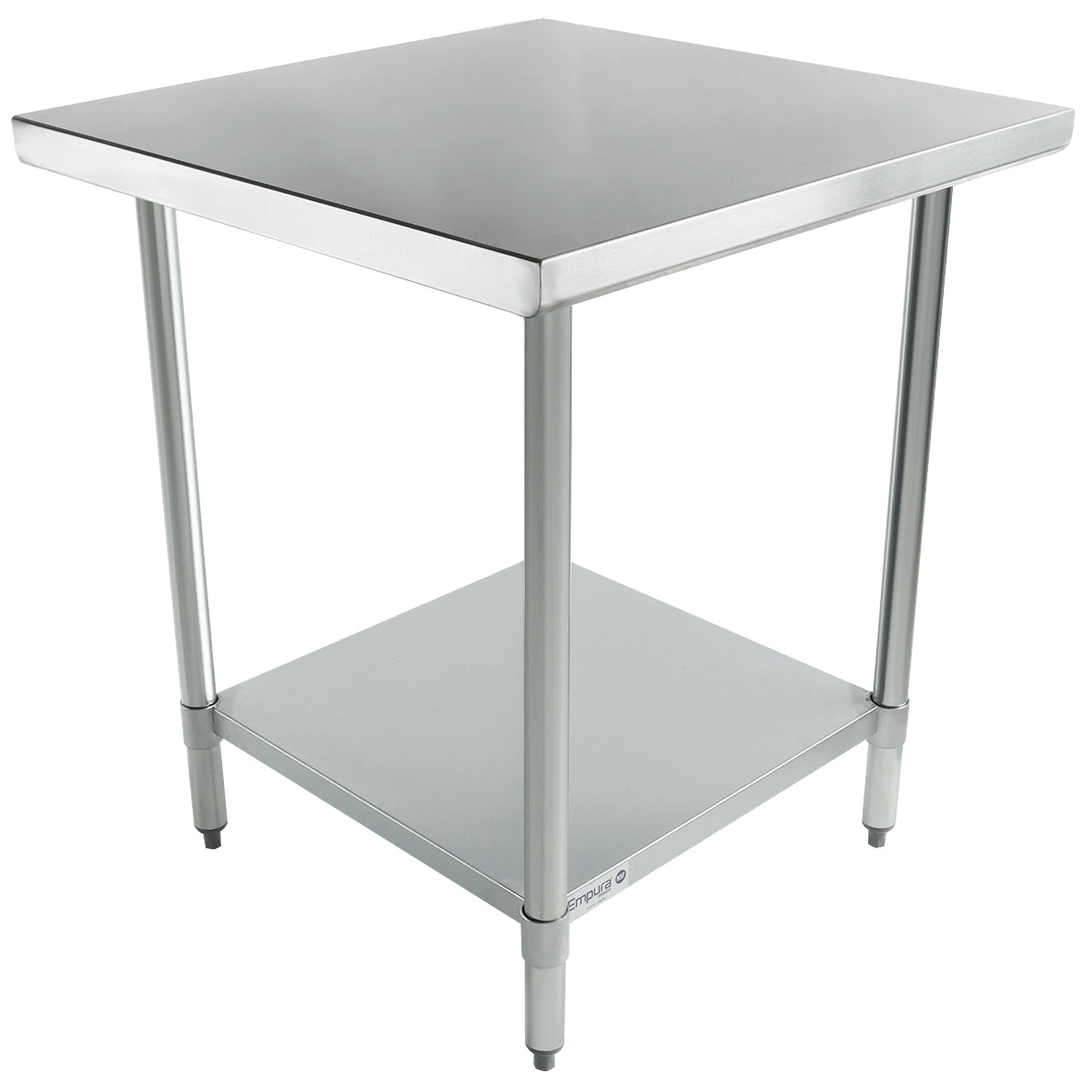 A stainless steel NSF work table with a flat square top, four round legs, and an undershelf for extra storage. The table features adjustable feet and a clean, industrial design ideal for kitchens or workspaces.