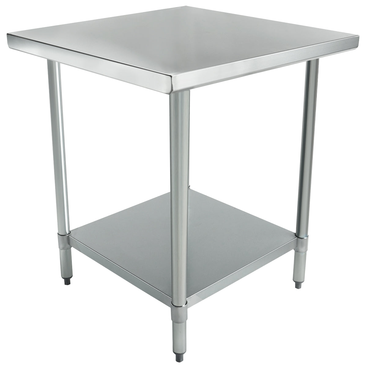 A stainless steel NSF work table featuring a square top, four cylindrical legs, and an undershelf for extra storage. Its smooth surface and adjustable feet ensure stability, making it ideal for industrial kitchens or busy workspaces.