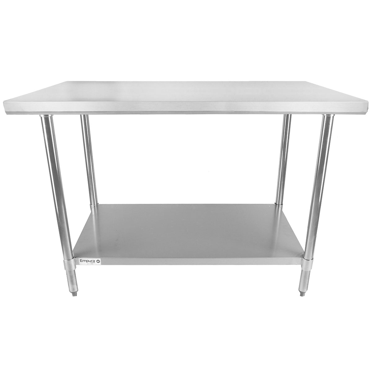 A stainless steel work table with four legs and an open lower shelf. NSF certified, its smooth rectangular tabletop and lower shelf offer extra storage. Simple and sturdy, it’s ideal for kitchens or industrial settings.