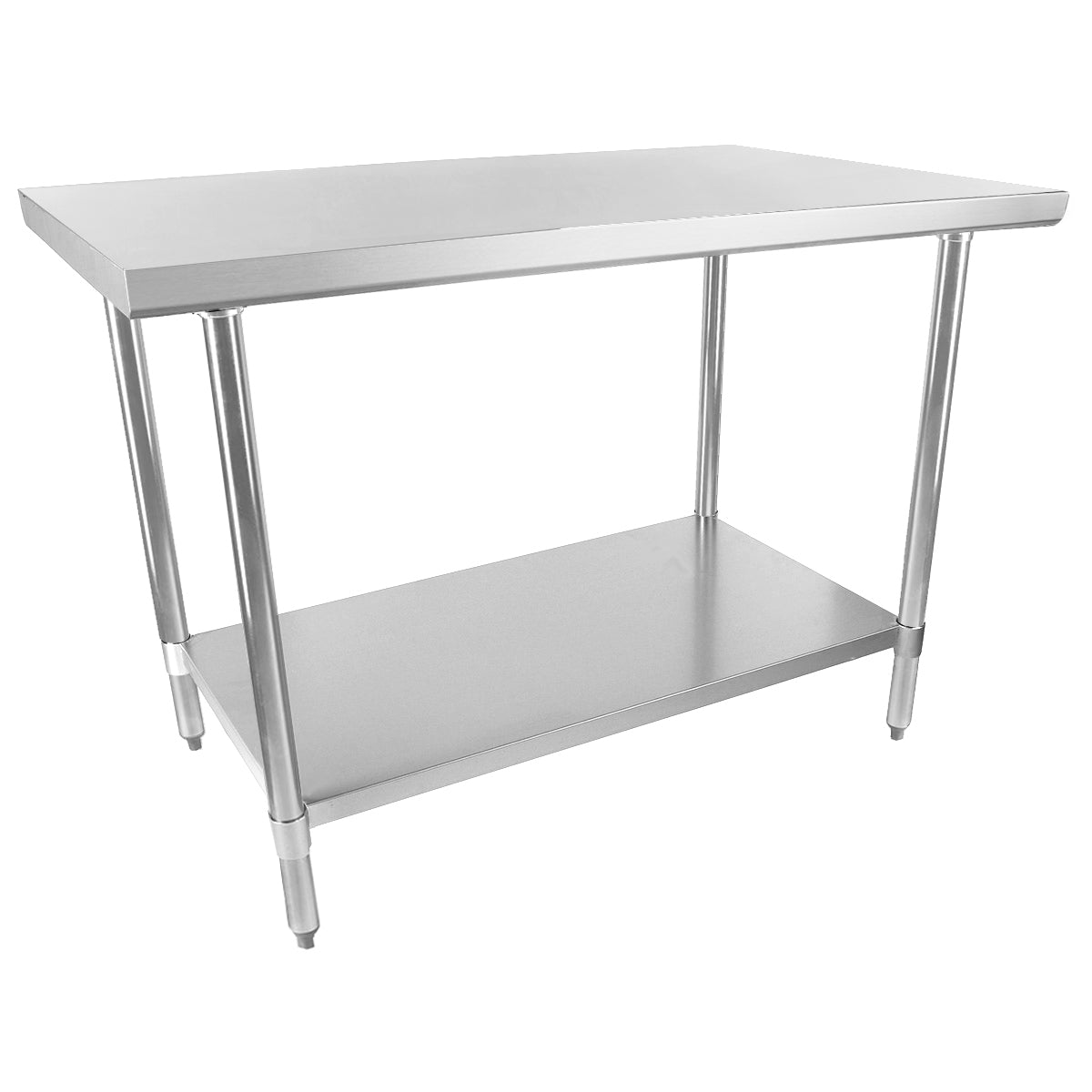 A stainless steel work table with a flat top surface, four cylindrical legs, and an NSF-certified lower shelf for added storage. Its simple, industrial design makes it ideal for kitchens or workspaces.