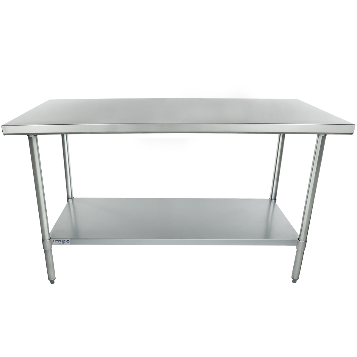 An NSF stainless steel work table with a flat rectangular top, four metal legs, and a lower shelf for storage. Its minimalist, industrial design is ideal for commercial kitchens or workshops, making it perfect for food prep or other tasks.