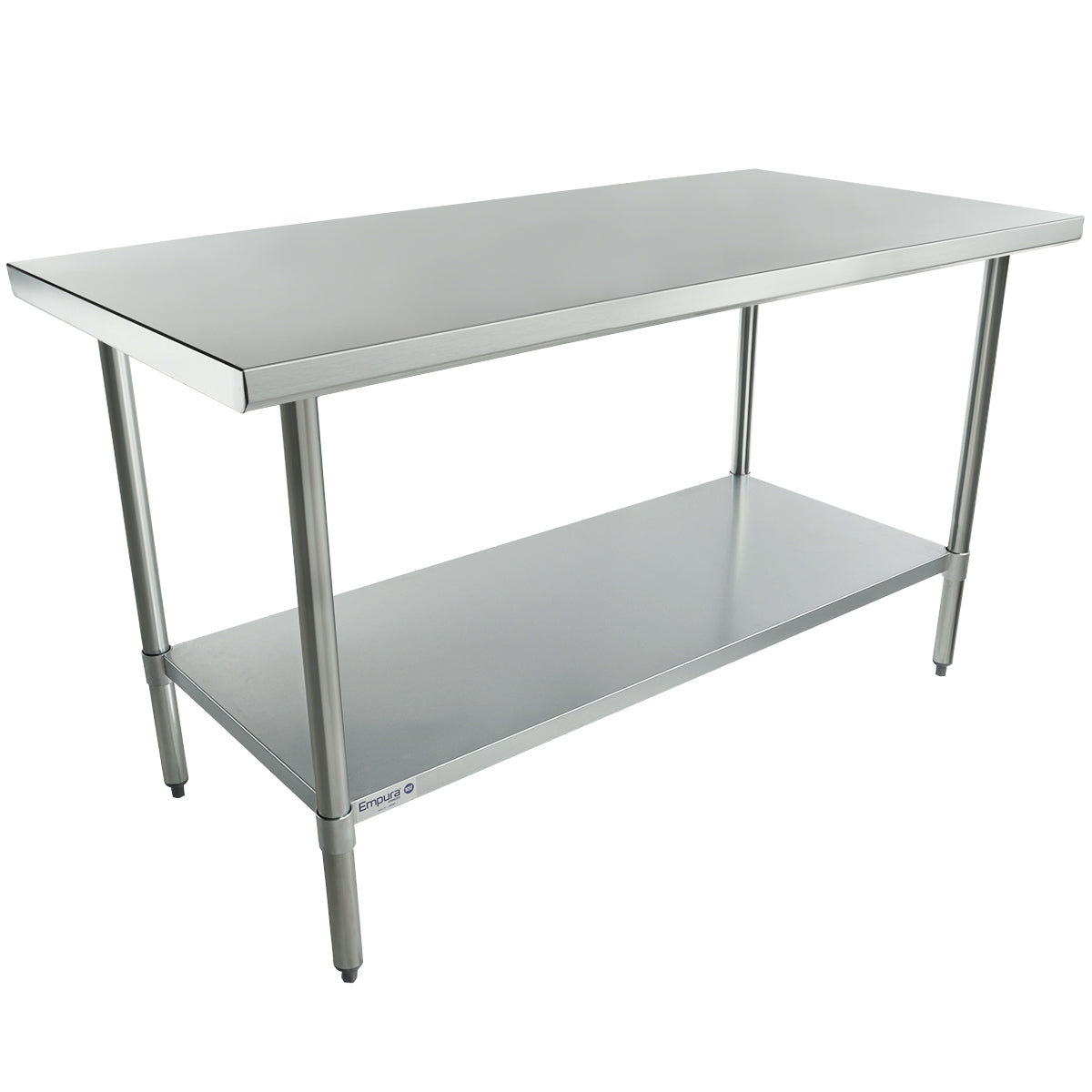 A stainless steel NSF work table with a smooth rectangular top, sturdy four legs, and a lower shelf for extra storage. This modern, industrial design is perfect for commercial kitchens, workshops, or utility spaces.