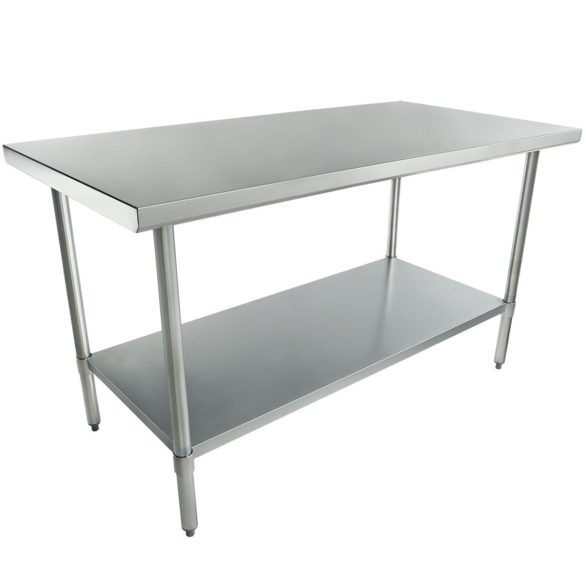 This NSF stainless steel work table features a flat top, four sturdy cylindrical legs, and an undershelf for extra storage. Its industrial style and clean, modern appearance make it ideal for busy kitchens.