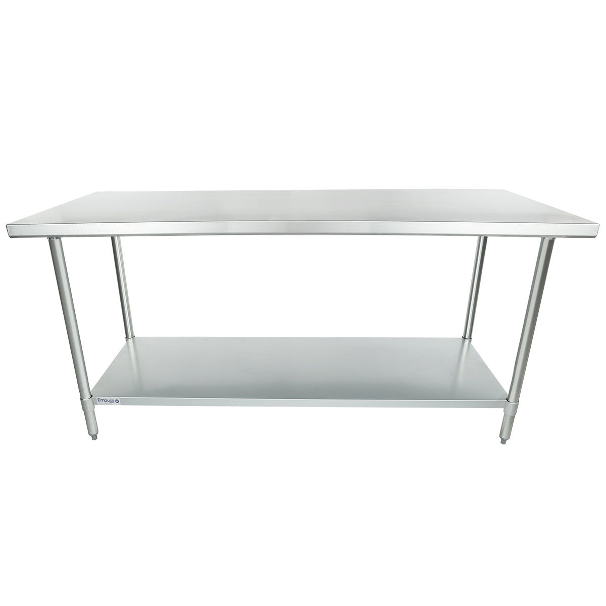 A 72 inch stainless steel work table featuring a flat top, four cylindrical legs, and an undershelf for extra storage. Its simple, industrial design is perfect for kitchens, workshops, or commercial environments.