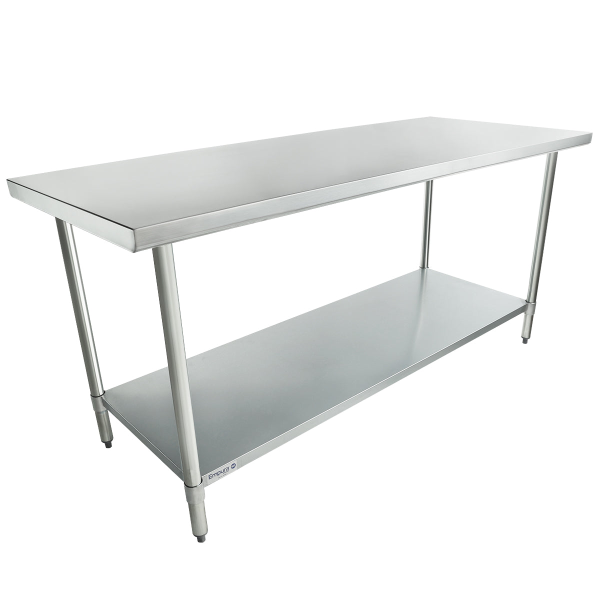 A 72 inch stainless steel work table with a flat rectangular top, four sturdy legs, and an undershelf for extra storage. The simple, industrial design suits kitchens or workshops. Adjustable feet provide stability on uneven surfaces.