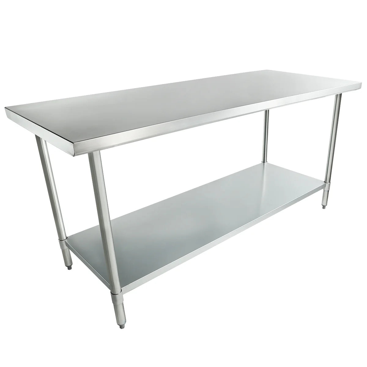 A stainless steel work table with NSF certification features four legs, a flat rectangular top, and a lower shelf for extra storage. Its minimalist, industrial design stands out against the plain white background.