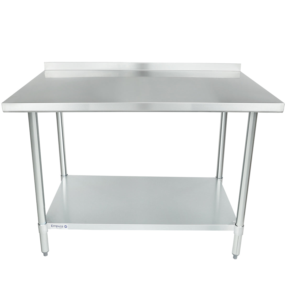 A stainless steel work table with a smooth top, NSF-certified for safety, features a rear backsplash, four cylindrical legs, and an undershelf for extra storage. Clean and industrial-looking, it’s ideal for kitchen or commercial use.
