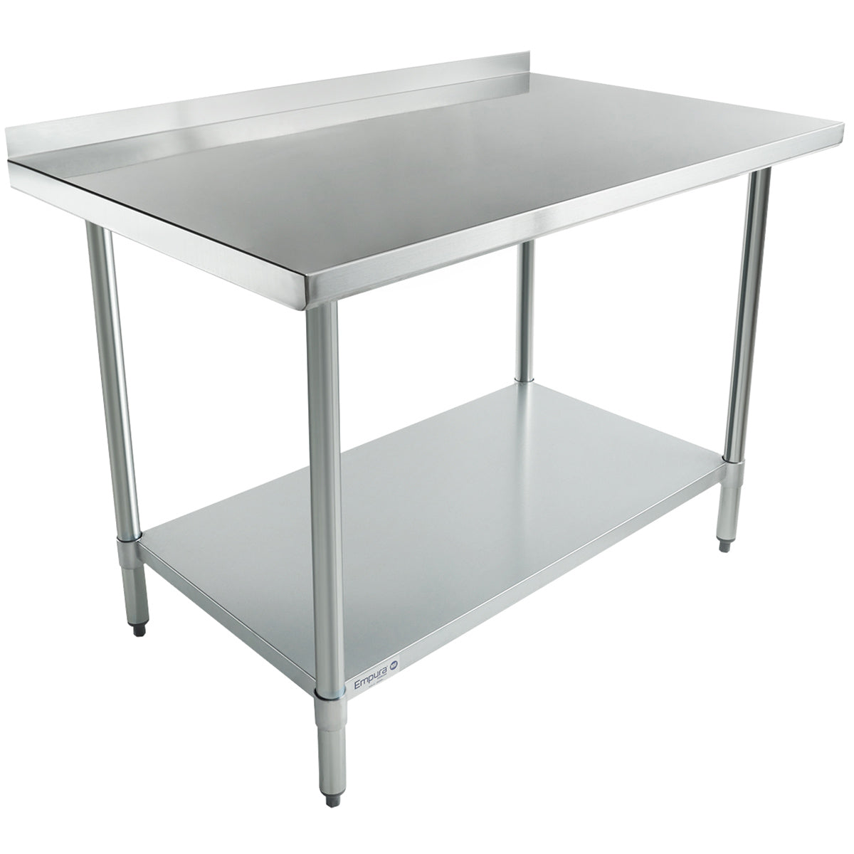 This NSF stainless steel work table features four legs, a flat top surface, rear backsplash, and a lower storage shelf. Its simple, modern design suits kitchens or workspaces. Adjustable feet and a clean metallic finish add to its appeal.