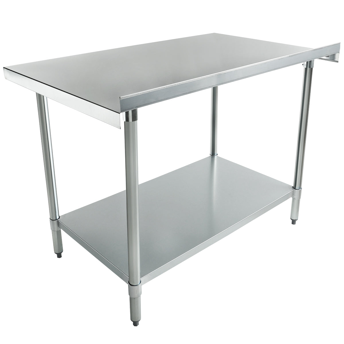 A stainless steel work table with a flat, shiny top surface, four cylindrical legs, and an additional lower shelf for storage. NSF certified, this industrial table is perfect for kitchens or workshops and sits on adjustable feet.