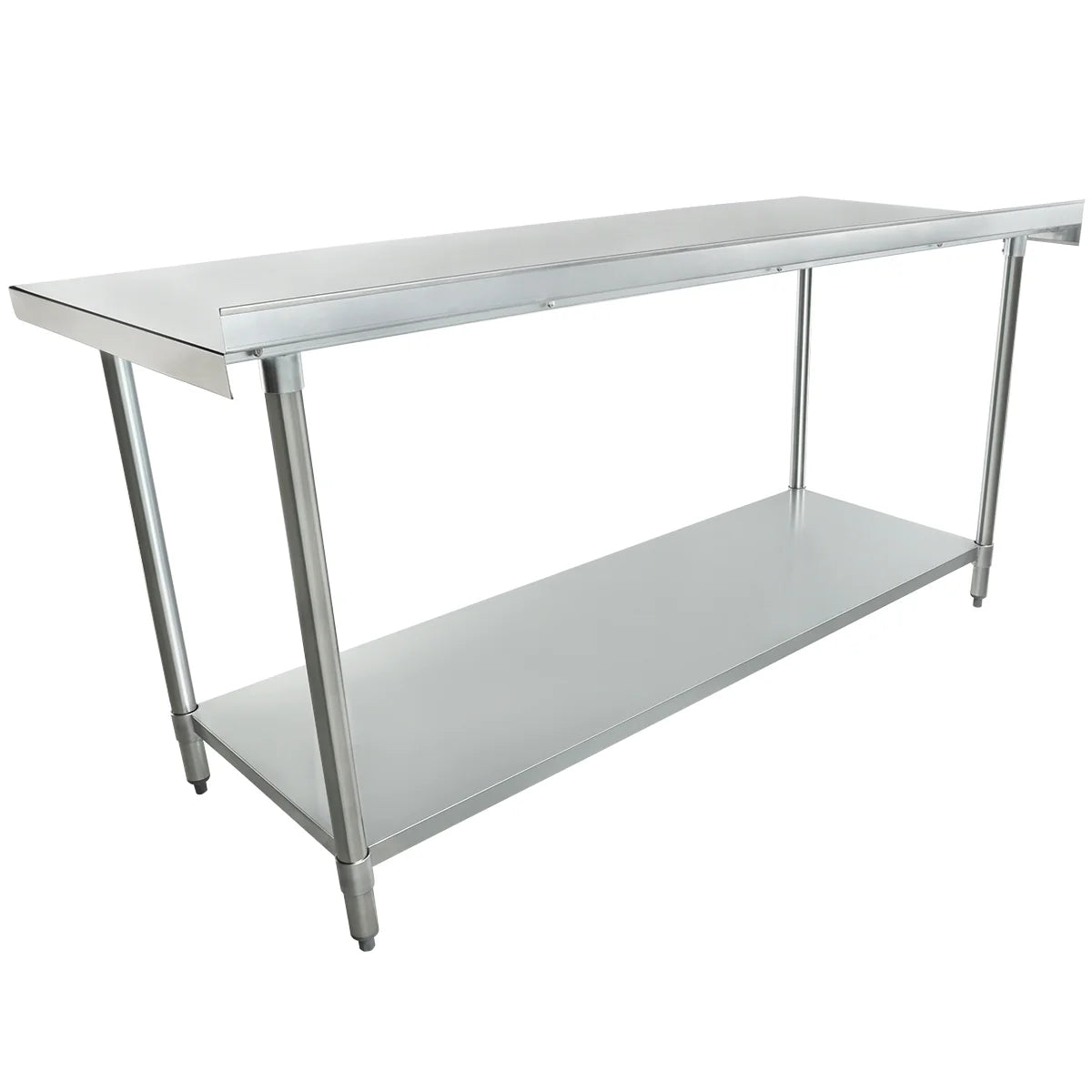 A stainless steel work table with four sturdy legs, an undershelf for extra storage, and a smooth tabletop. NSF certified, its industrial design is perfect for kitchens or workspaces. The background is plain and white.