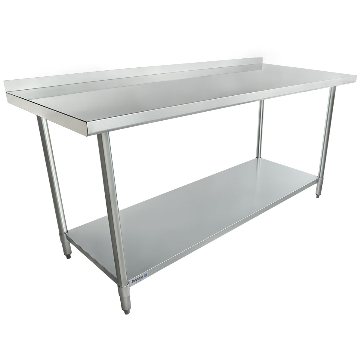 An NSF stainless steel work table with a flat top, upright back edge, four cylindrical legs, and a lower shelf. Its clean, industrial design makes this work table ideal for kitchens or workspaces. The setting is plain with a white background.